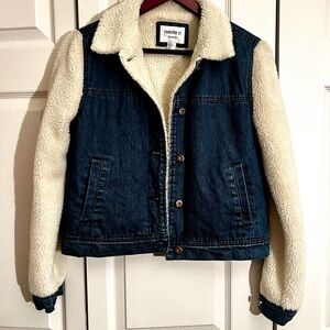 Forever 21 Blue Denim Jacket with Cream Sherpa Lining. Pit to pit is 20”